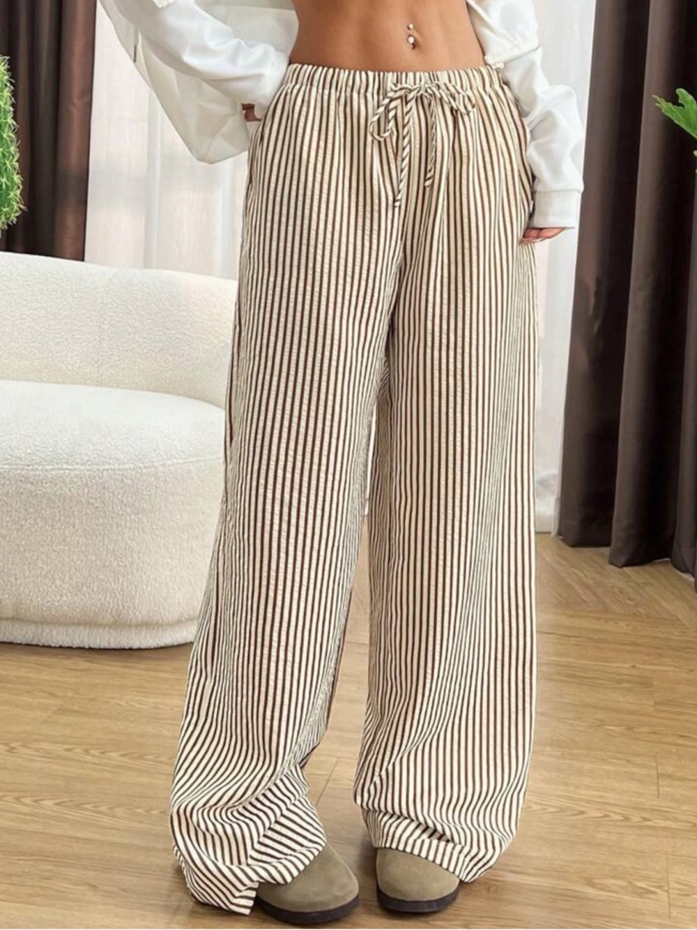 SHEIN Women's Casual Striped Wide-Leg Long Pants - Picture 4 of 9